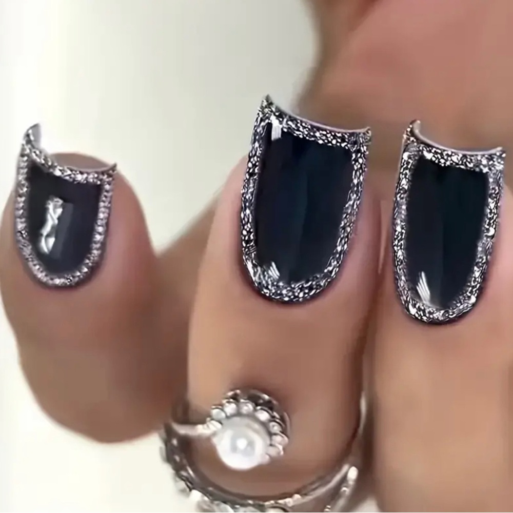 24pcs Short Press-on Nail Square Y2K Black Nail Art Glitter Circle Design